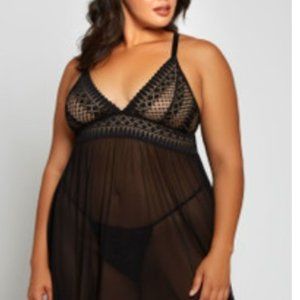 Babydoll, Thong, & Robe Black Lace Sheer Set